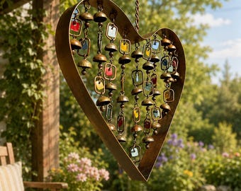 Rustic Heart Wind Chime – Metal Hanging Garden Ornament with Bells and Colorful Dangles