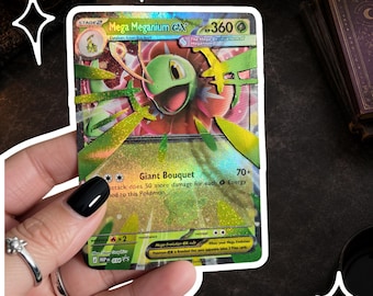 Prêt à expédier ! | Meganium | Illustration artisanale de cartes Pokémon en plusieurs couches, cadeau Pokémon personnalisé, présentoir sous vitrine, carte à collectionner découpée à la main