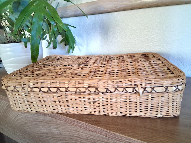 May include: Rectangular woven wicker basket with a lid. The basket is light brown with darker brown accents around the edges. The basket is sitting on a wooden surface. A potted plant is in the background.