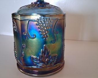 Vintage 1970s Indiana Carnival Glass Harvest Grape Iridescent Blue Candy Jar Canister