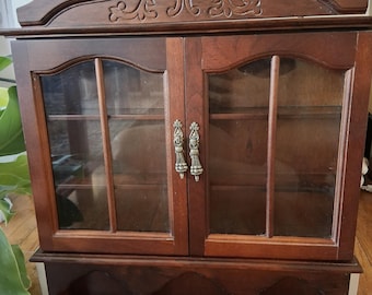 Vintage Wood Wall Curio Cabinet Glass Doors | Cottagecore Trinket Display Shelf