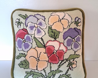 Vintage Pansy Needlepoint Pillow - Hand Stitched Floral Wool Accent - Mini  Green Velvet Backed Cushion - Grandmillennial Cottagecore Decor