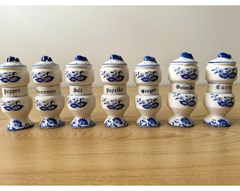 Vintage Blue Onion Ceramic Spice Shakers Set of 7 Blue White Floral 4.25in