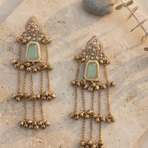 Ruby Green Kashmiri Earrings, Kundan Tassel Earrings, Lightweight Indian Earrings, Sage Green Stone Earrings, Boho Ethnic Jewelry