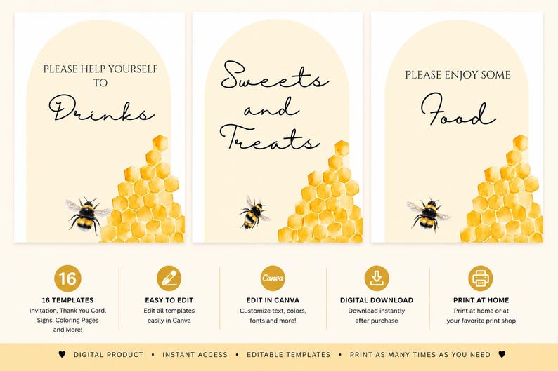 Bee First Birthday Party Bundle | Editable Canva Templates (digital ...