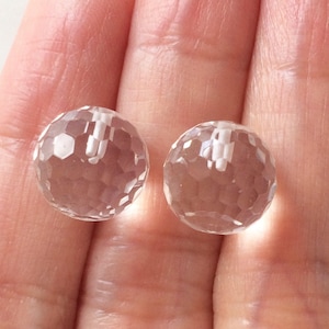 Sparkly Crystal Quartz Half Top drilled Faceted Round Balls 10 mm, 12 mm or 14 mm One Pair E4427