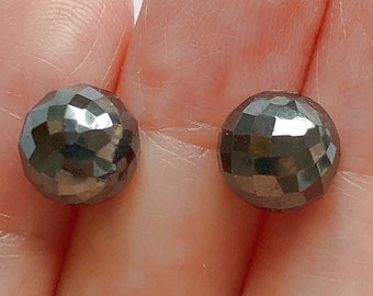 Hematite Half Top Drilled Faceted 8 mm Rounds Balls One Pair G9653