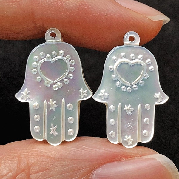 White Mother of Pearl Hand Carved Hamsa Palm Hand Charm 12x19 mm One Pair C8852