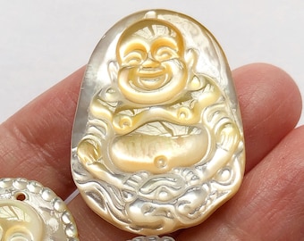 Yellow White Mother of Pearl Hand Carved Laughing Buddha 22x30 mm with drilled hole One Piece C8473