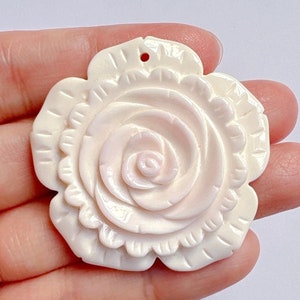 Pink Queen Conch Hand Carved Large 40 mm Camellia Flower Pendant with drilled hole for hanging C5938