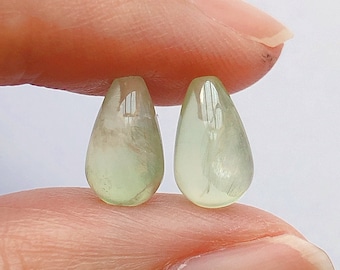 Cute Tiny Green Prehnite Half Top Drilled 6x10 mm mini Teardrops One Pair G8525