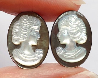 Black & White Mother of Pearl Shell Hand Carved Oval Cameo Lady 10x14 mm One Pair C8327