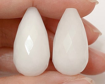 Natural White Quartzite Half Top Drilled Faceted Teardrop Briolettes 12x22 mm One Pair F9946