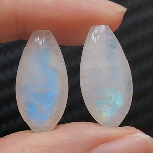 Può includere: Due perle ovali di pietra lunare bianca iridescente con un bagliore blu.
