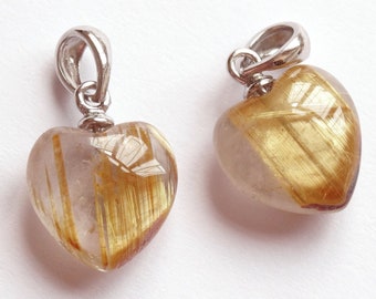 AAA Grade Gold Rutilated Quartz 12 mm Smooth Heart Pendant set in 925 Sterling Silver One Piece C4892