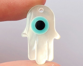 White Mother of Pearl Hamsa Palm Hand with Evil Eye Charm 8x13 mm or 12x18 mm C8696 C8673