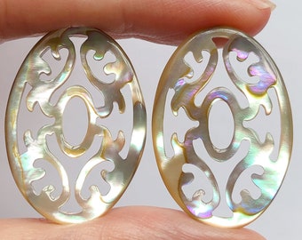 Abalone Shell Carved Filigree Ovals 20x30 mm One Pair C8438