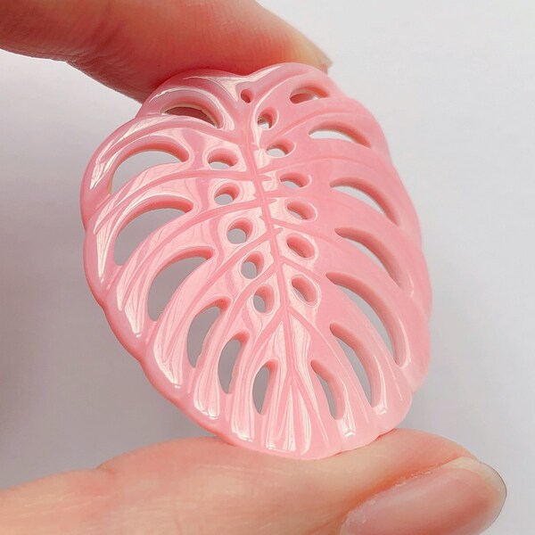 Pink Queen Conch Shell Carved Filigree Monstera Palm Leaf Drops with Drilled holes 27x30 mm One Pair C8305