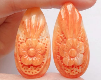 Orange Spiny Oyster Shell Hand Carved Flower Design Pear Cabochons 17x35 mm C8468