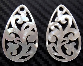 White Mother of Pearl Shell 24x40 mm Carved Pear Drops One Pair Perfect for earrings C7346