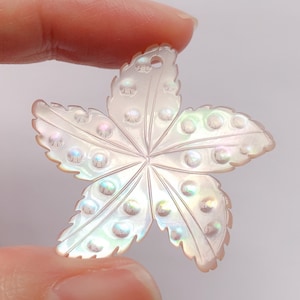 Może przedstawiać: Biały, opalizujący wisiorek w kształcie gwiazdy z otworem na górze do zawieszenia. Gwiazda jest wykonana z perłowej muszli i ma fakturowaną powierzchnię.