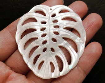 White Mother of Pearl MOP Shell 27x30 mm or 42x45 mm Carved Filigree Monstera Palm Leaf Drop C8419 C8318