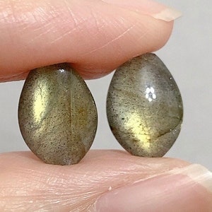 Può includere: Due pietre preziose di labradorite di forma ovale con un bagliore iridescente verde e oro.