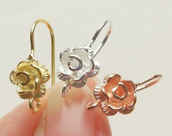 925 Sterling Silver / Gold Vermeil / Rose Gold 3-Dimensional Rose Flower Ear Hooks One Pair F3320 G8358