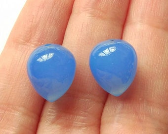 Blue Chalcedony Upside Down Half Drilled Acorn Inverted Drops 10x12 mm One Pair F4159