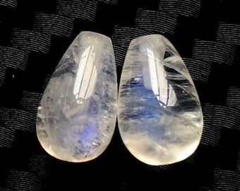 Subtle Blue Flash Rainbow Moonstone Half Drilled Teardrops 6x10 mm One Pair G8384