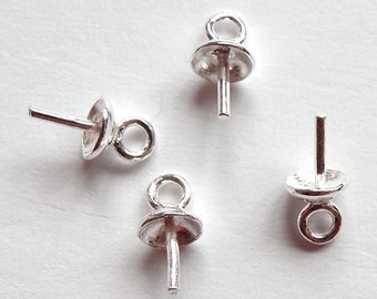 925 Sterling Silver SS 4 mm or 5 mm Bead cap with peg and link, for half drilled beads 4 Pieces  L4710 G8354