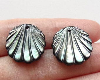 Black Lip Mother of Pearl Oyster Shell Carved Clam 16 mm Doublet Drops with drilled hole One Pair C3839