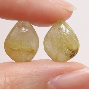 Gold Rutilated Quartz Freeform Asymmetrical Drops with drilled hole One Pair Perfect for earrings J7424  F2828
