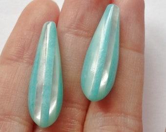 Mosaic White Mother of Pearl MOP Peruvian Amazonite Vertical Striped Half Top Drilled Teardrops 8x25 mm One Pair G9922