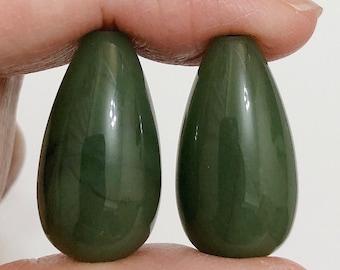 Dark Green Chinese Jade Half Top Drilled Smooth Teardrops 12x22 mm One Pair C8759