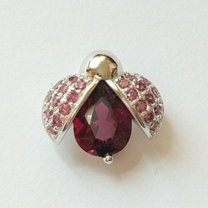 Op de afbeelding: Een zilveren hanger met een rode edelsteen in het midden, omringd door kleinere rode edelstenen. De hanger is gevormd als een lieveheersbeestje met open vleugels.