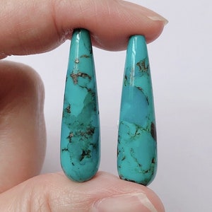 Può includere: Due pietre turchesi a forma di lacrima con una tonalità blu-verdastra e macchie dorate. Le pietre sono lunghe circa 5 cm.