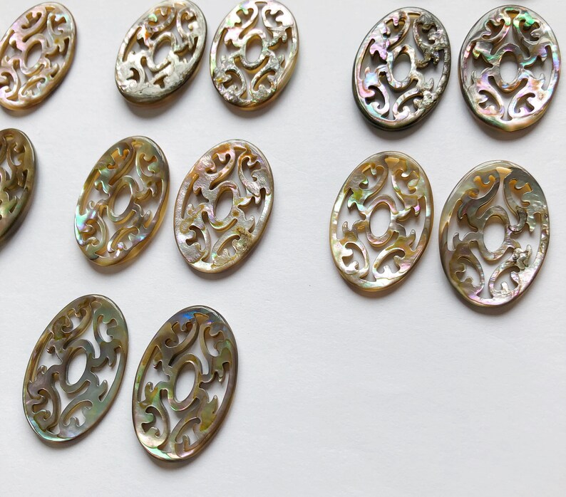 Abalone Shell Carved Filigree Ovals 20x30 mm One Pair C8438