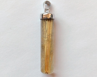 AA Grade Gold Rutilated Quartz Long Pillar Pendant 925 Sterling Silver One Piece G8847