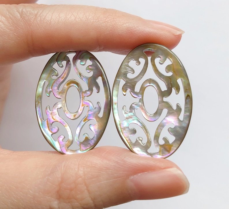 Abalone Shell Carved Filigree Ovals 20x30 mm One Pair C8438