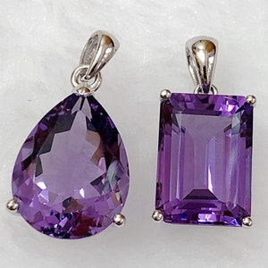 AAA grade Gem cut Amethyst 925 Sterling Silver Bezel 12x16 mm Pear Pendant or 10x14 mm Emerald Cut Pendant One Piece E6491 E6496