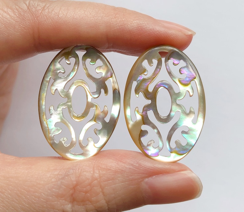 Abalone Shell Carved Filigree Ovals 20x30 mm One Pair C8438