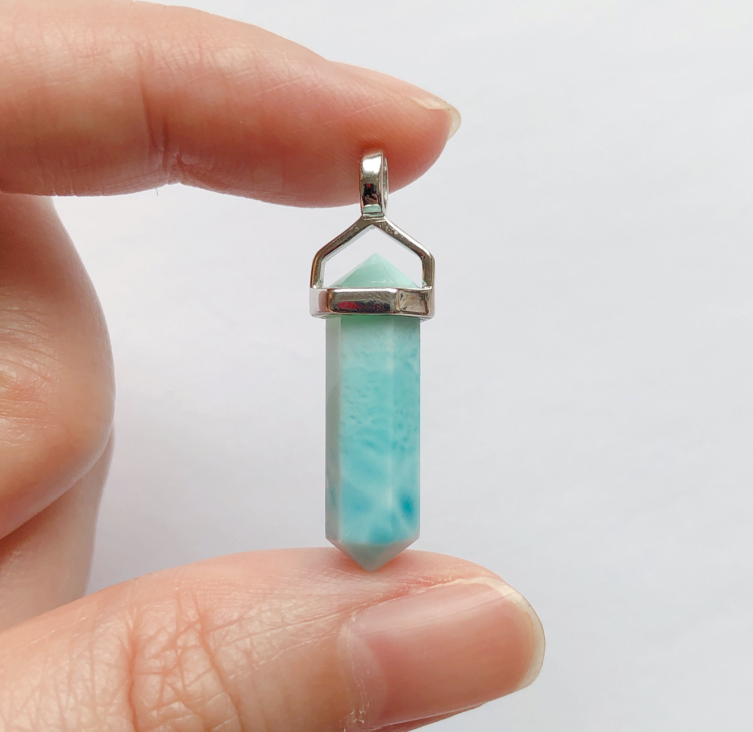 A+ Grade Larimar Terminated Double Point Wand Pendant Set in 925