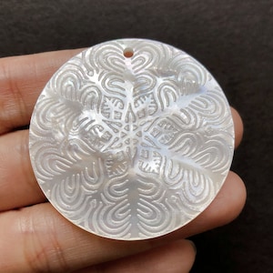 White Mother of Pearl Shell  40 mm Disc with Etched Snowflake design One Piece or Pair C8420