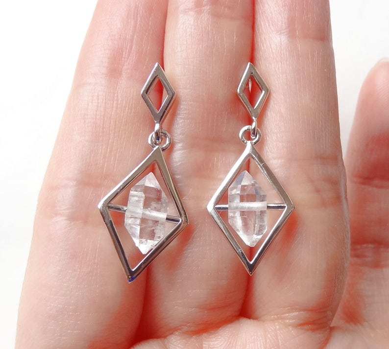 AAA Herkimer Diamond Double Terminated Bead 925 Sterling Silver Diamond shaped Chandelier Earrings One Pair G6294 image 2