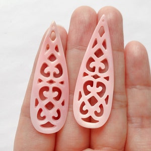 Pink Queen Conch Large Carved Filigree Pear Drops with Drilled Hole 15x45 mm One Pair C8184