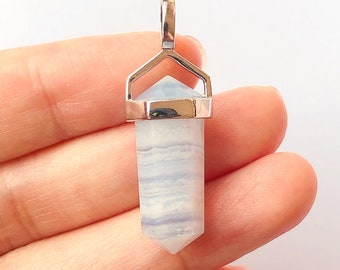 A+ Grade Blue Lace Agate Double Terminated Point Pendant set in 925 Sterling Silver Healing Crystal One Pendant E3336