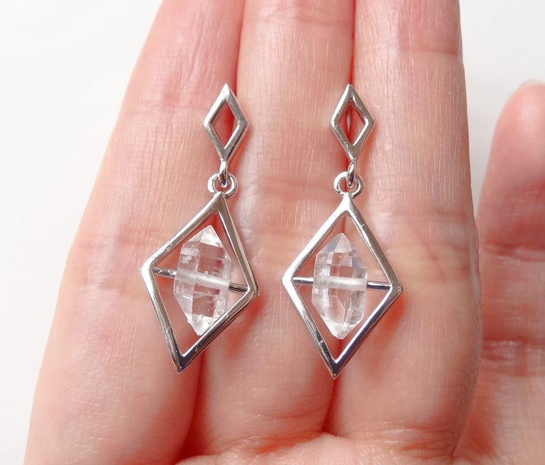 AAA Herkimer Diamond Double Terminated Bead 925 Sterling Silver Diamond shaped Chandelier Earrings One Pair G6294 image 1