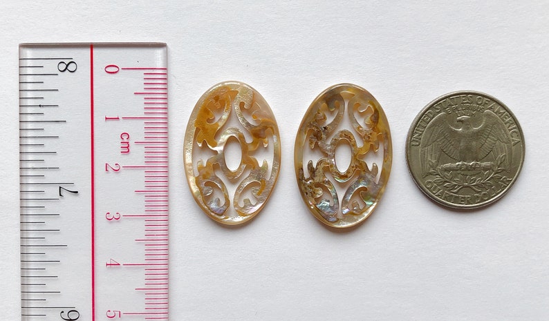 Abalone Shell Carved Filigree Ovals 20x30 mm One Pair C8438