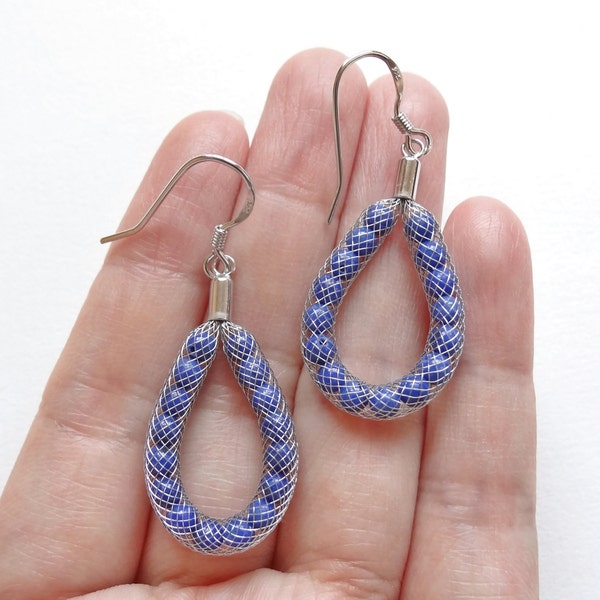Lapis Lazuli Mini Rounds Mesh Tubing Designer Fashion Earrings in Sterling Silver One Pair H6263